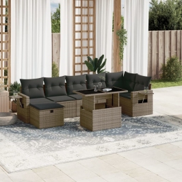 Set de sofás de jardín y cojines 8 piezas ratán sintético gris