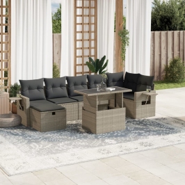 Set de sofás de jardín 8 pzas y cojines ratán sintético gris