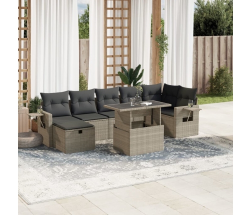 Set de sofás de jardín 8 pzas y cojines ratán sintético gris