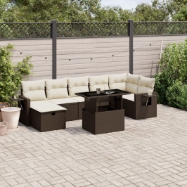 Set sofás de jardín 8 piezas y cojines ratán sintético marrón