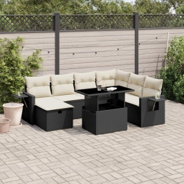 Set de sofás de jardín 8 piezas y cojines ratán sintético negro