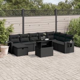 Set de sofás de jardín 8 piezas y cojines ratán sintético negro