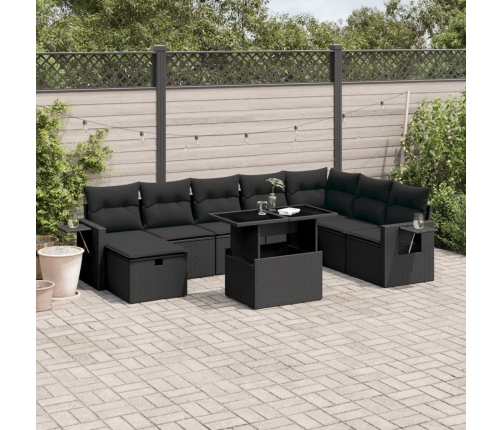 Set de sofás de jardín 8 piezas y cojines ratán sintético negro