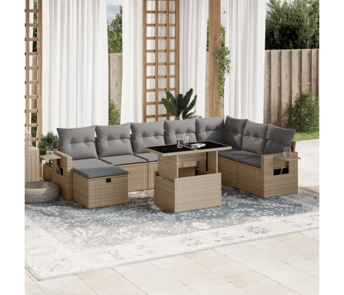 Set de sofás de jardín 9 pzas con cojines ratán sintético beige