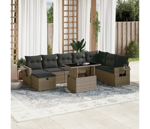 Set de muebles de jardín 9 pzas y cojines ratán sintético gris