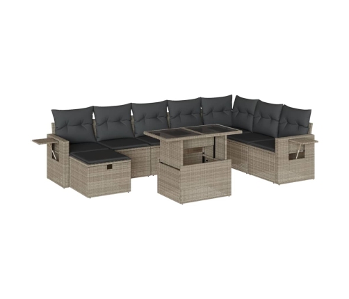 Set muebles jardín 9 pzas y cojines ratán sintético gris claro