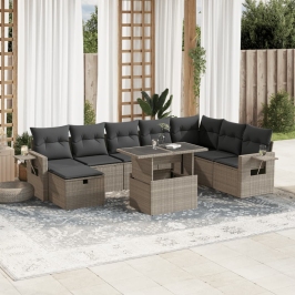 Set muebles jardín 9 pzas y cojines ratán sintético gris claro