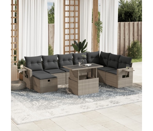 Set muebles jardín 9 pzas y cojines ratán sintético gris claro