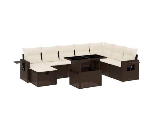 Set de sofás de jardín 9 pzas y cojines ratán sintético marrón