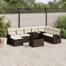 Set de sofás de jardín 9 pzas y cojines ratán sintético marrón