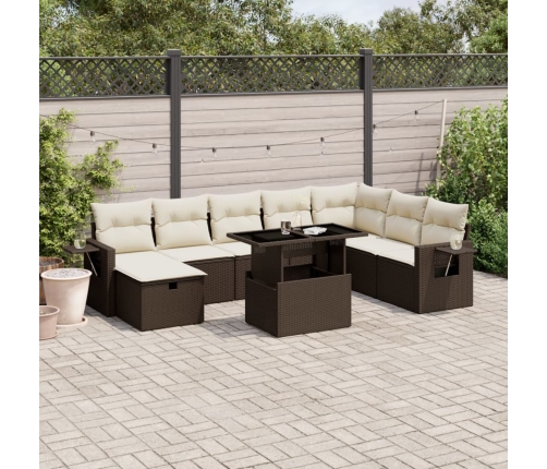 Set de sofás de jardín 9 pzas y cojines ratán sintético marrón