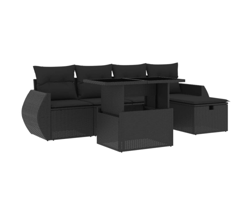 Set de sofás de jardín 6 piezas y cojines ratán sintético negro