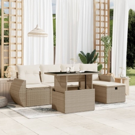 Juego de sofás jardín con cojines 6 pzas ratán sintético beige