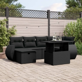 Set de sofás de jardín 7 pzas con cojines ratán sintético negro