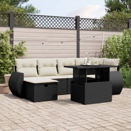 Set de sofás de jardín 7 pzas con cojines ratán sintético negro