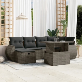 Set de sofás de jardín 7 pzas con cojines ratán sintético gris