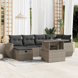 Set de sofás de jardín 7 pzas con cojines ratán PE gris claro