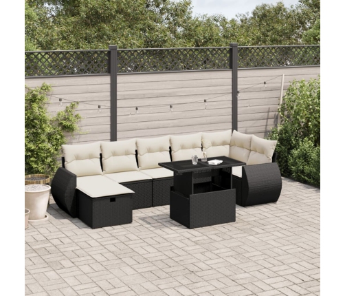 Set de sofás de jardín 8 piezas y cojines ratán sintético negro
