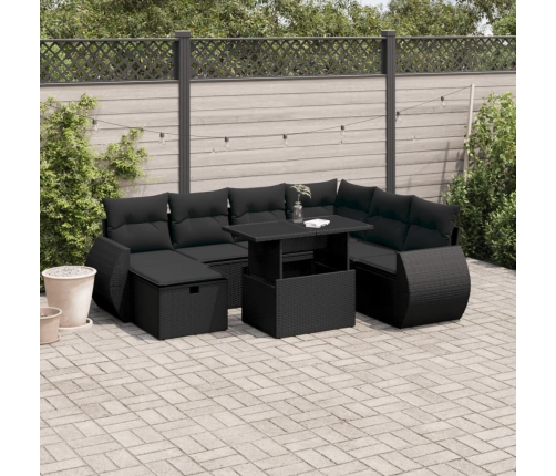 Set de sofás de jardín 8 piezas y cojines ratán sintético negro