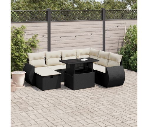 Set de sofás de jardín 8 piezas y cojines ratán sintético negro