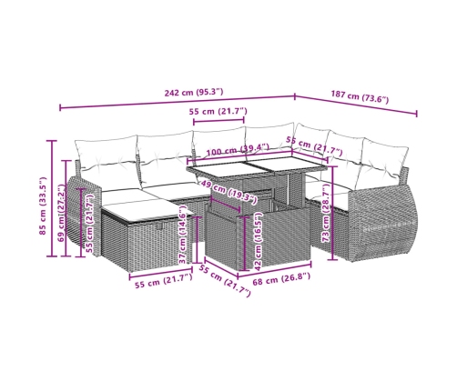 Set de sofás de jardín y cojines 8 piezas ratán sintético gris