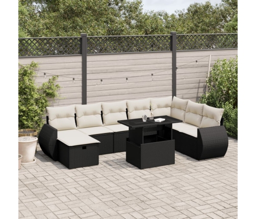 Set de sofás de jardín 8 piezas y cojines ratán sintético negro