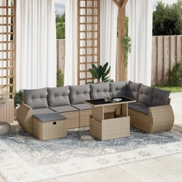 Set de sofás de jardín 9 pzas con cojines ratán sintético beige
