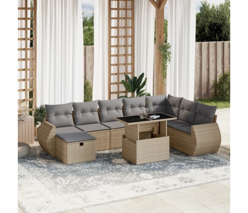Set de sofás de jardín 9 pzas con cojines ratán sintético beige