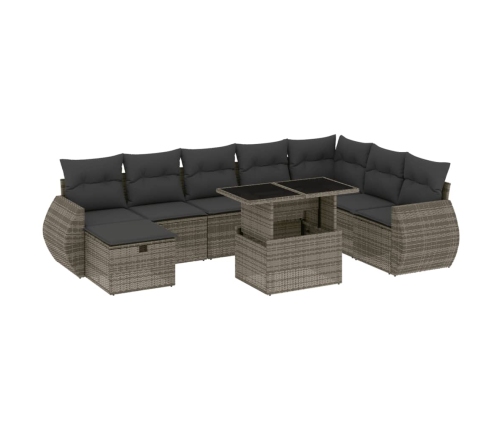Set de muebles de jardín 9 pzas y cojines ratán sintético gris