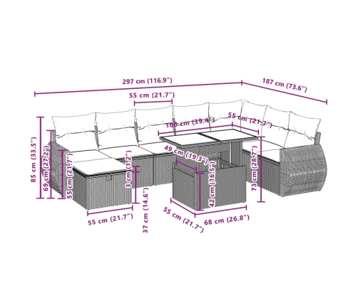 Set de muebles de jardín 9 pzas y cojines ratán sintético gris