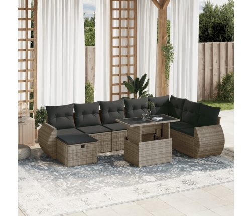 Set de muebles de jardín 9 pzas y cojines ratán sintético gris