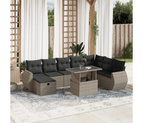 Set muebles jardín 9 pzas y cojines ratán sintético gris claro