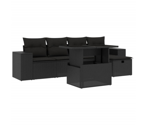 Set de sofás de jardín 6 piezas y cojines ratán sintético negro