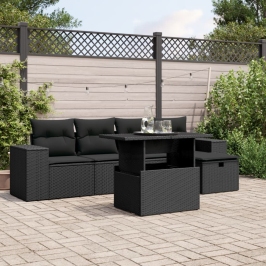 Set de sofás de jardín 6 piezas y cojines ratán sintético negro