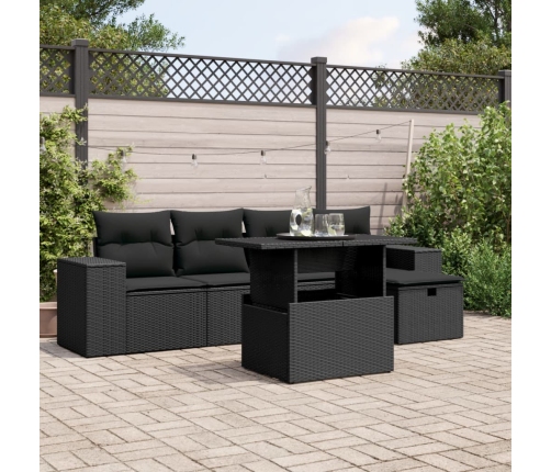 Set de sofás de jardín 6 piezas y cojines ratán sintético negro