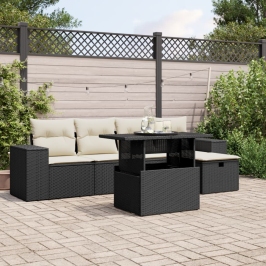 Set de sofás de jardín 6 piezas y cojines ratán sintético negro