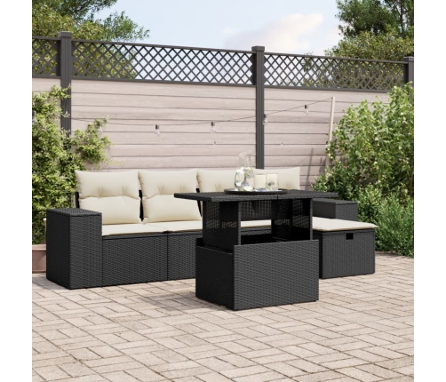 Set de sofás de jardín 6 piezas y cojines ratán sintético negro