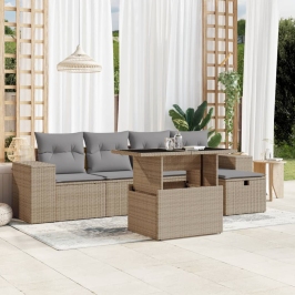 Juego de sofás jardín con cojines 6 pzas ratán sintético beige