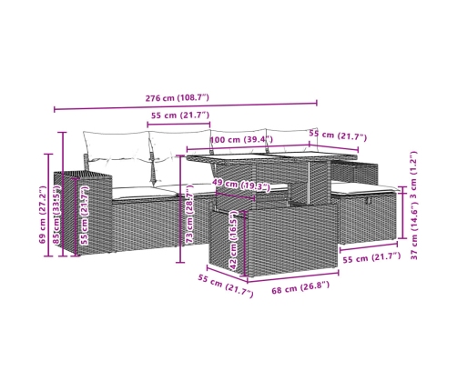 Set de sofás de jardín 6 pzas y cojines ratán sintético gris