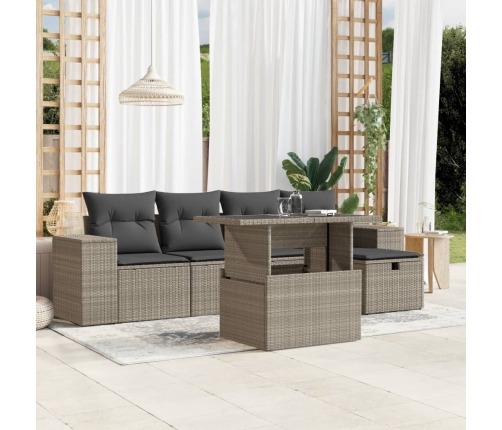 Set de sofás de jardín 6 pzas y cojines ratán sintético gris