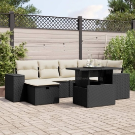 Set de sofás de jardín 7 pzas con cojines ratán sintético negro