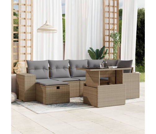 Set sofás de jardín 7 piezas y cojines ratán sintético beige