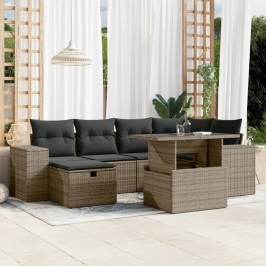 Set de sofás de jardín 7 pzas con cojines ratán sintético gris