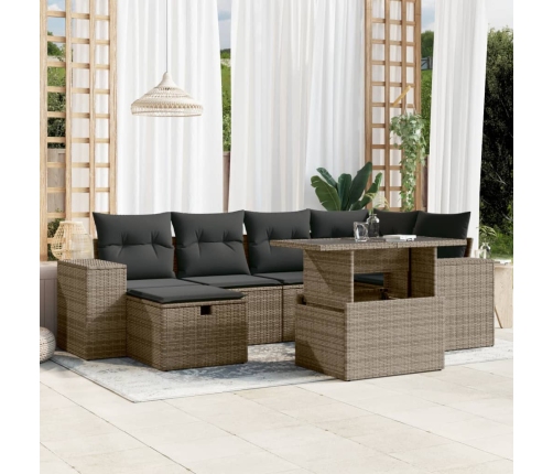Set de sofás de jardín 7 pzas con cojines ratán sintético gris