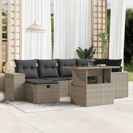 Set de sofás de jardín 7 pzas con cojines ratán PE gris claro