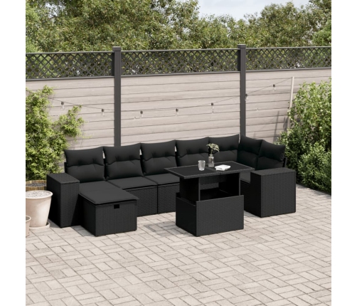 Set de sofás de jardín 8 piezas y cojines ratán sintético negro