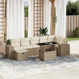 Set de sofás de jardín y cojines 8 piezas ratán sintético beige