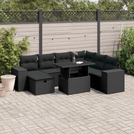Set de sofás de jardín 8 piezas y cojines ratán sintético negro