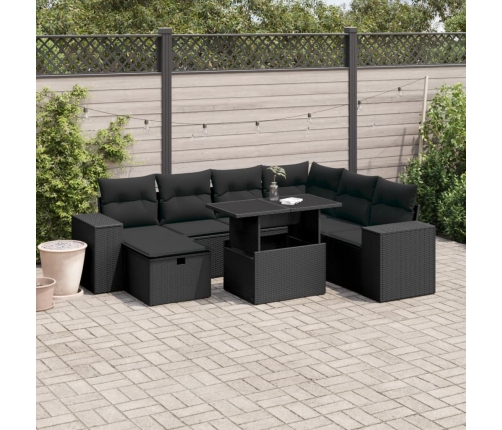 Set de sofás de jardín 8 piezas y cojines ratán sintético negro