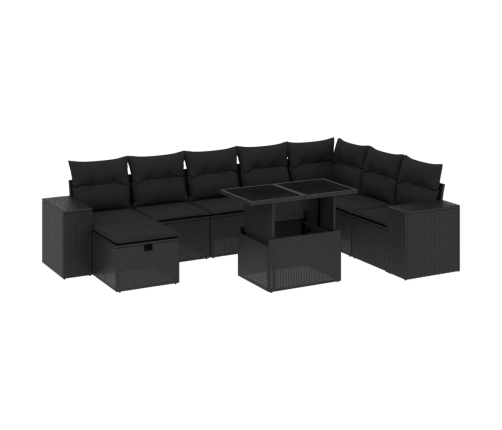 Set de sofás de jardín 8 piezas y cojines ratán sintético negro